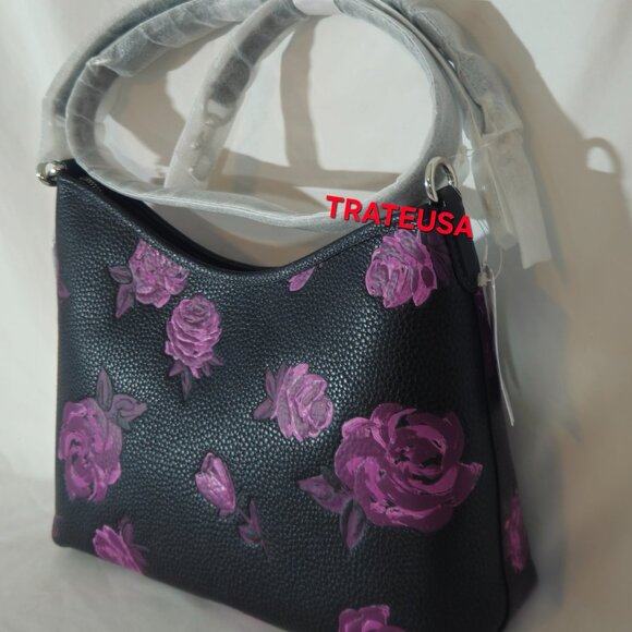 Laurel Shoulder Bag With Floral Print  CCE26 Black Purple Authentic - Picture 10 of 16